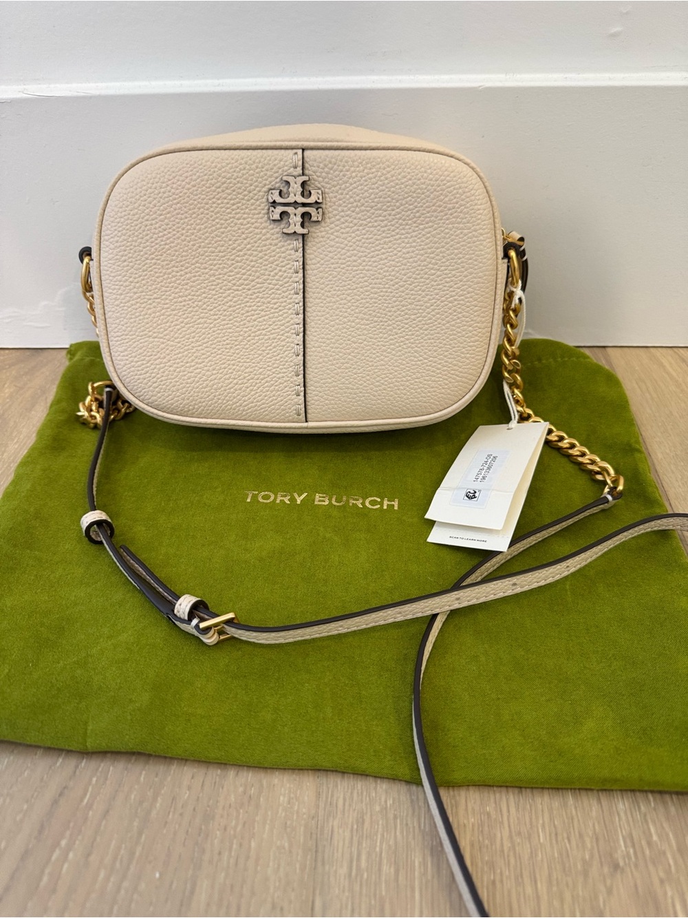 Tory Burch McGraw Cream Pebbled Leather Crossbody with Gold Chain